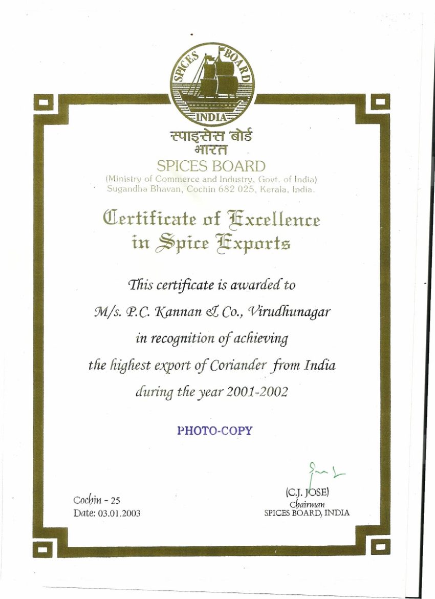 Top Most Coriander Export 2001 2002 1